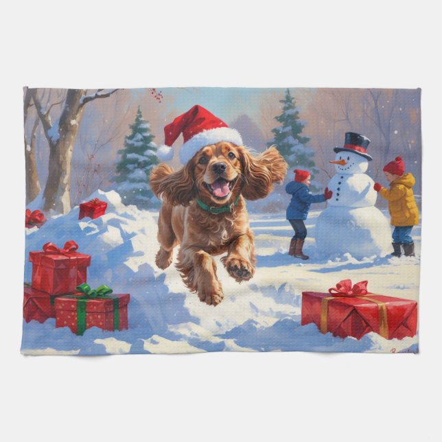 Cocker Spaniel Running in Snow with Christmas Hat Kitchen Towel (Horizontal)