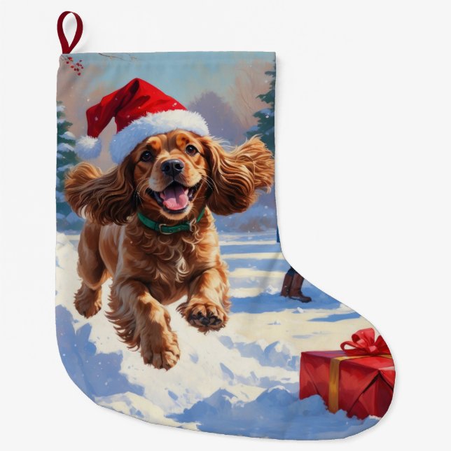 Cocker Spaniel Running in Snow with Christmas Hat Large Christmas Stocking (Front)