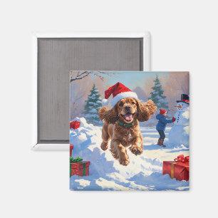 Cocker Spaniel Running in Snow with Christmas Hat Magnet
