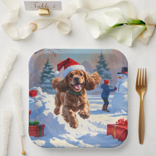 Cocker Spaniel Running in Snow with Christmas Hat Paper Plate (Wedding)