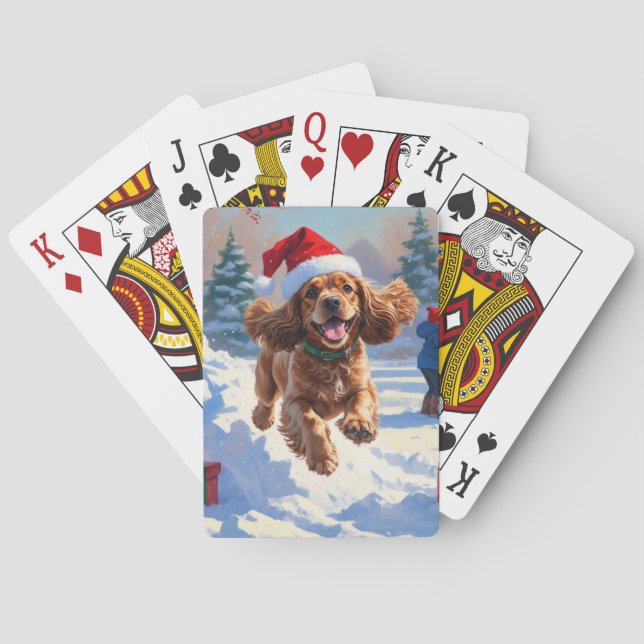 Cocker Spaniel Running in Snow with Christmas Hat Playing Cards (Back)