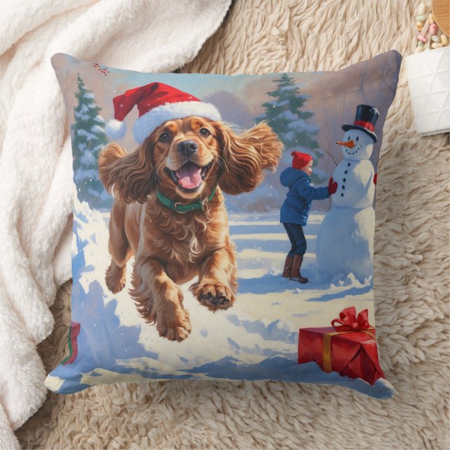 Cocker Spaniel Running in Snow with Christmas Hat Throw Pillow (Blanket)