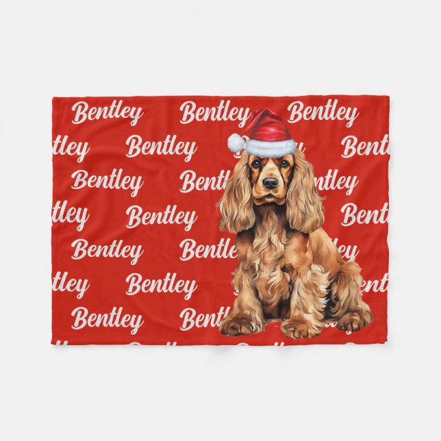 Cocker Spaniel Santa Dog Custom Name Christmas Fleece Blanket (Front (Horizontal))