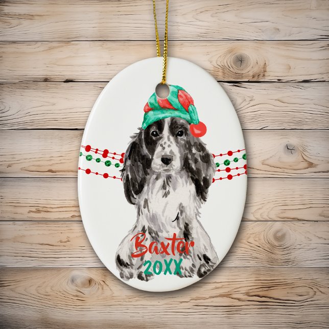 Cocker Spaniel Santa Hat Holiday String Beads Ceramic Ornament (Creator Uploaded)