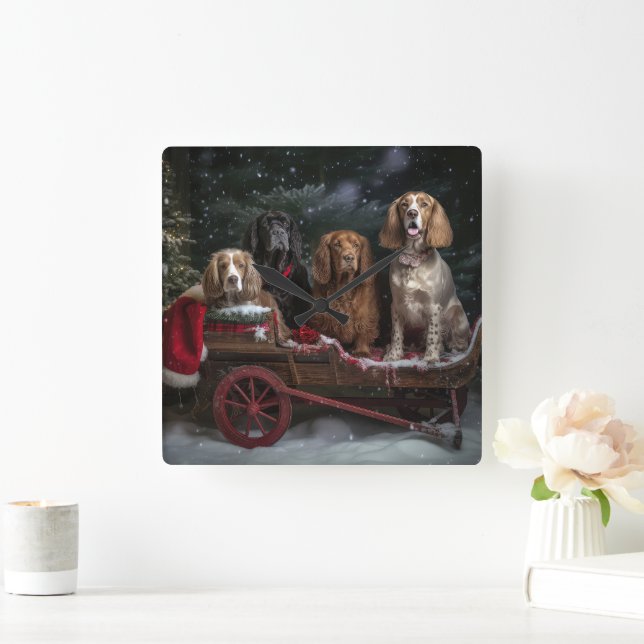 Cocker Spaniel Snowy Sleigh Christmas Decor  Square Wall Clock (Home)