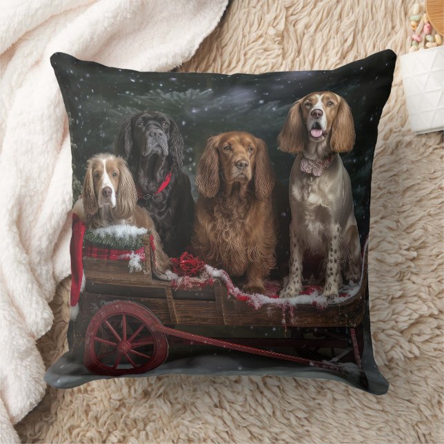Cocker Spaniel Snowy Sleigh Christmas Decor  Throw Pillow (Blanket)