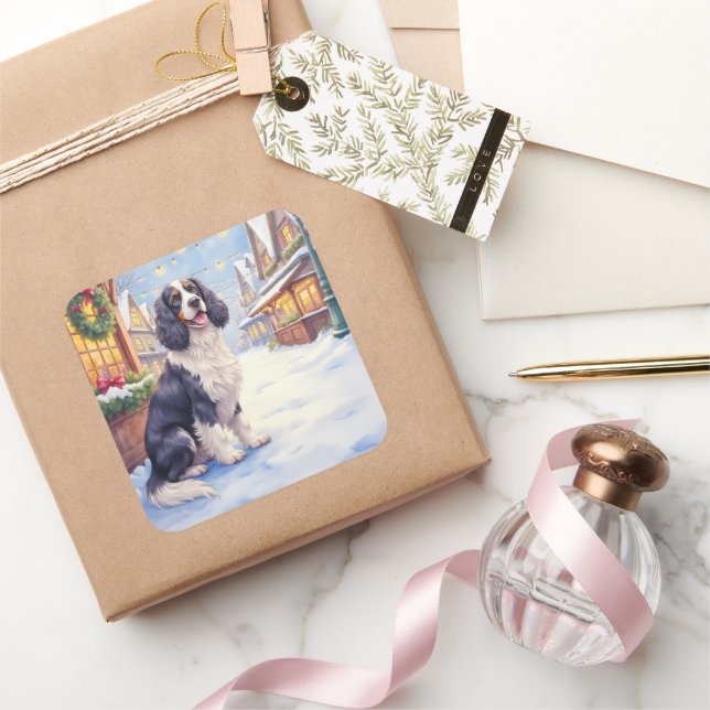 Cocker Spaniel Snowy Village Christmas Art Square Sticker (Gifting)