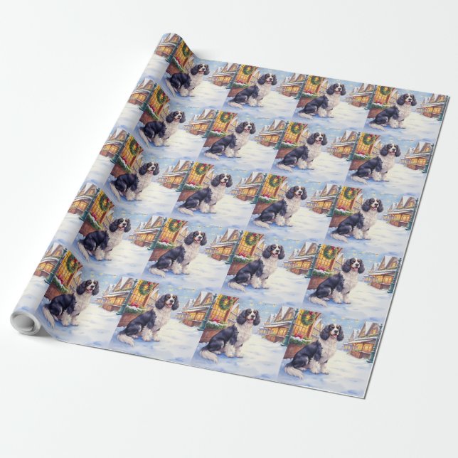 Cocker Spaniel Snowy Village Christmas Art Wrapping Paper (Unrolled)