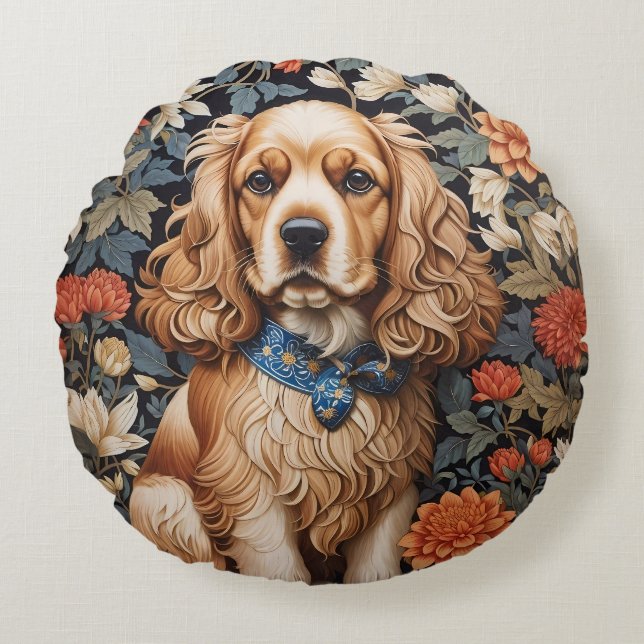 Cocker Spaniel William Morris Inspired Floral Round Pillow (Front)