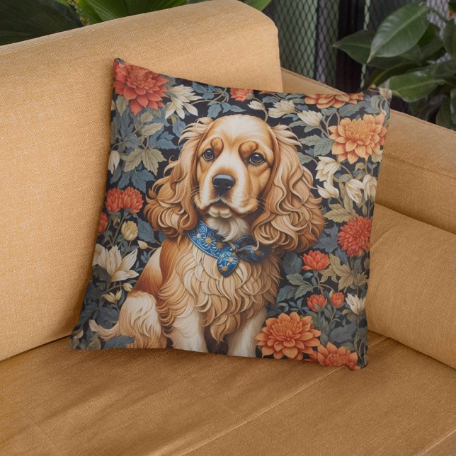 Cocker Spaniel William Morris Inspired Floral Throw Pillow (Creator Uploaded)