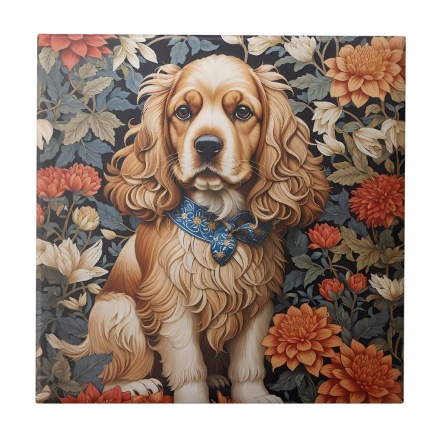 Cocker Spaniel William Morris Inspired Floral Tile (Front)