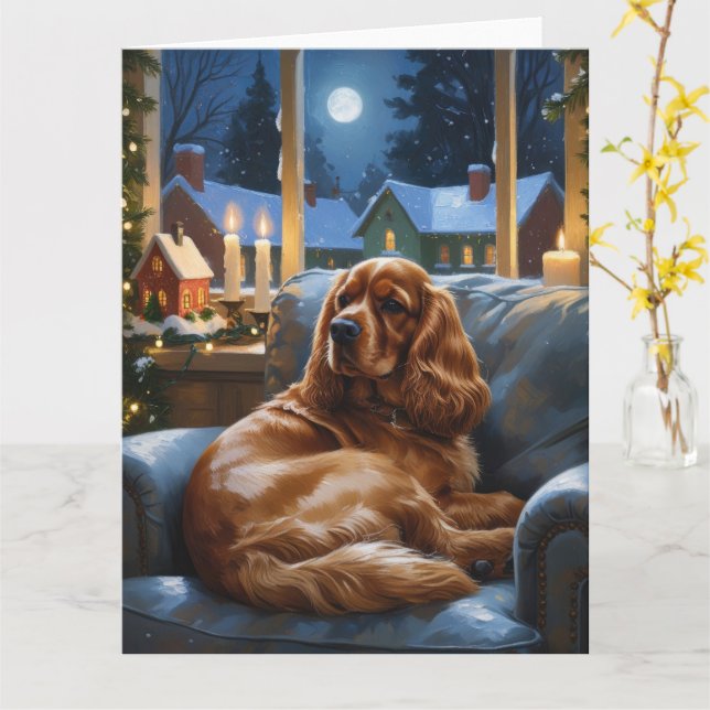 Cocker Spaniel with Christmas Lights Holiday Card (Yellow Flower)