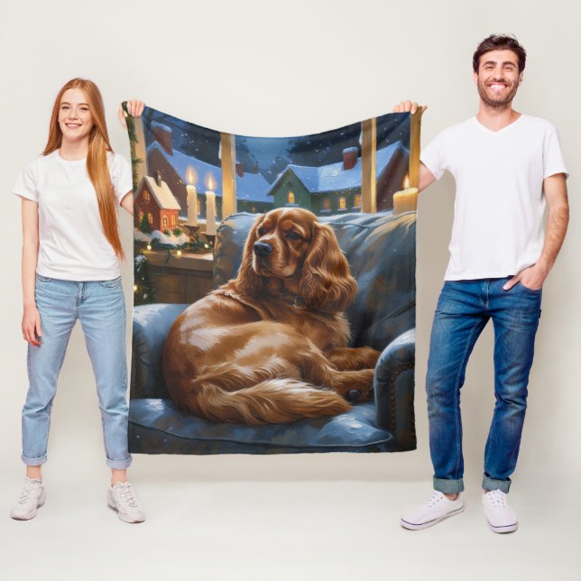 Cocker Spaniel with Christmas Lights Holiday Fleece Blanket (In Situ)