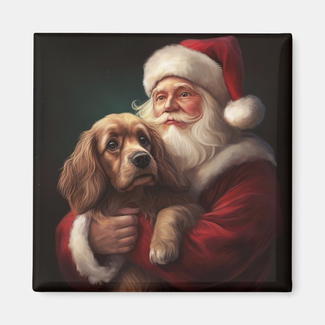 Cocker Spaniel With Santa Claus Festive Christmas Magnet (Front)