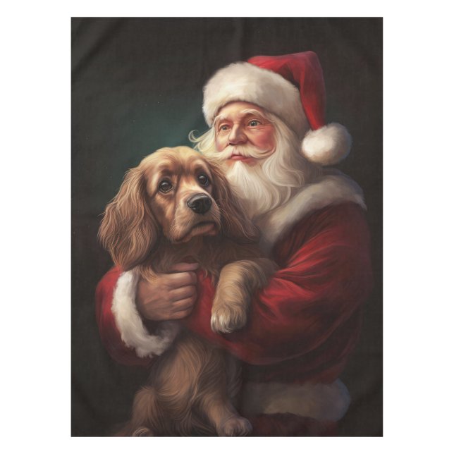 Cocker Spaniel With Santa Claus Festive Christmas Tablecloth (Front)