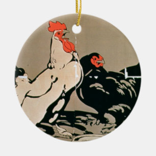 Cockerel and Hen (colour litho) Ceramic Ornament