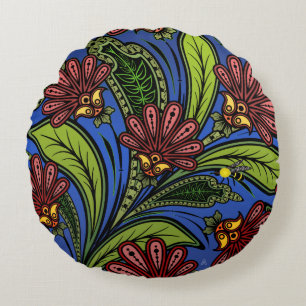 Cockscomb and BumbleBee Vibrant Blue, Green, Rose Round Pillow