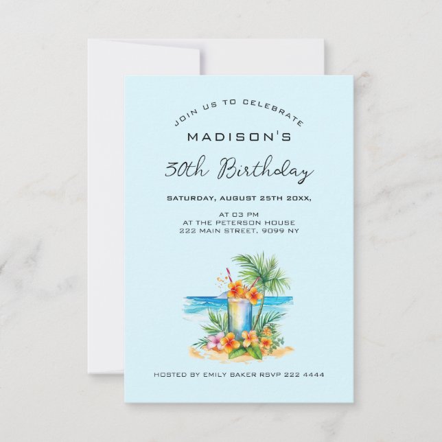Cocktail and Exotic Flower On Blue Birthday Invitation (Front)