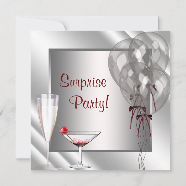 Cocktail Balloons Red Surprise Birthday Party Invitation (Front)