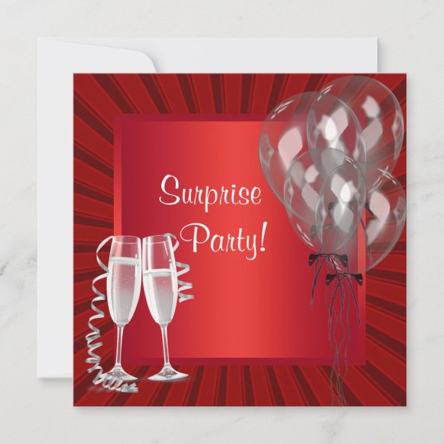 Cocktail Balloons Red Surprise Birthday Party Invitation (Front)