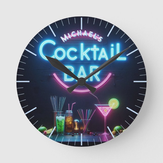 Cocktail Bar Horloge Neon Personnalisé Mancave Den (Recto)