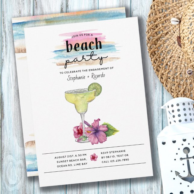 Cocktail Beach Party Margarita Hibiscus Engagement Invitation (Creator Uploaded)