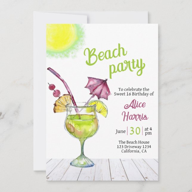 Cocktail Beach party sucré 16 Invitation (Devant)