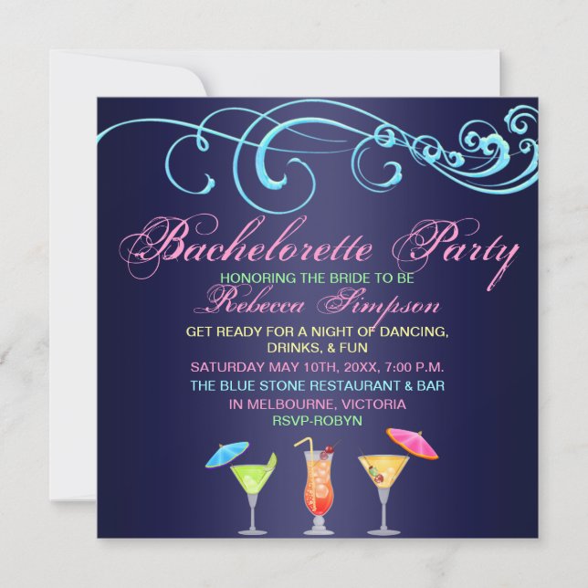 Cocktail bleu Heure Bachelorette Fête Invitation (Devant)