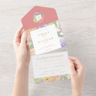 Cocktail & Citrus Fruit Wedding Watercolor Florals All In One Invitation