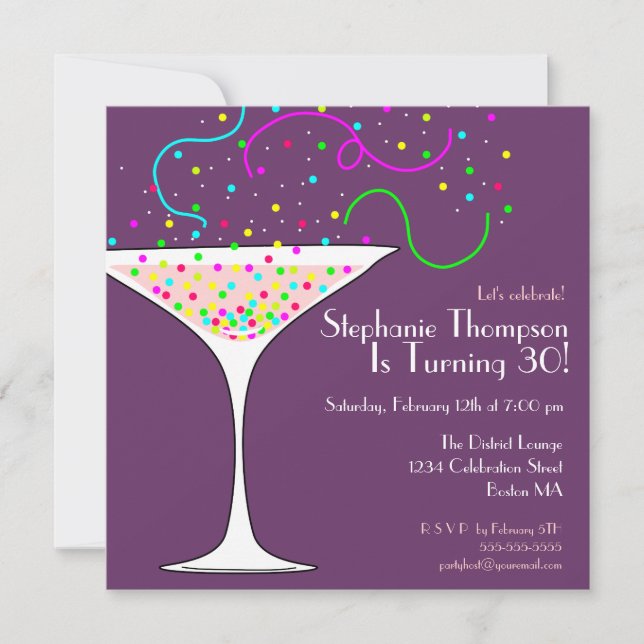 Cocktail Confetti Invitation à la fête d'anniversa (Devant)