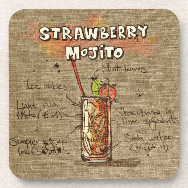 Cocktail de fraise Mojito Dessous de verre de bois (Devant)