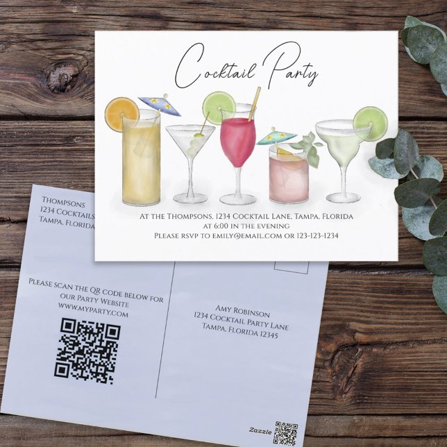 Cocktail Drink QR Code Party Website Pre Addressed Postcard (Creator Uploaded)