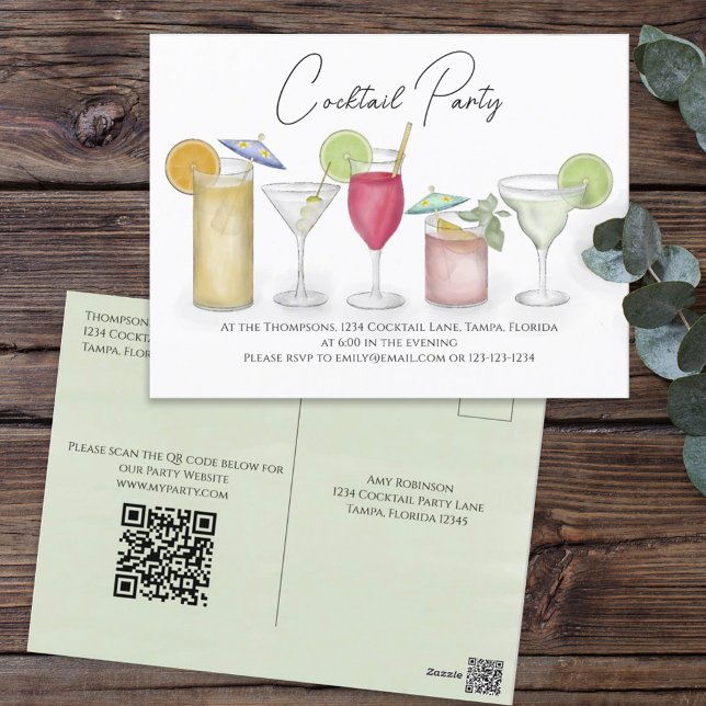 Cocktail Drink QR Code Party Website Pre Addressed Postcard (Creator Uploaded)