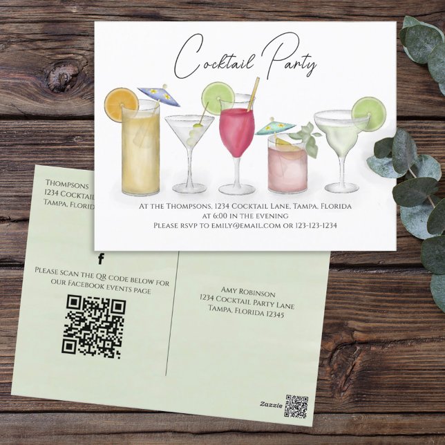 Cocktail Drinks QR Code Social Media Pre Addressed Postcard (Creator Uploaded)