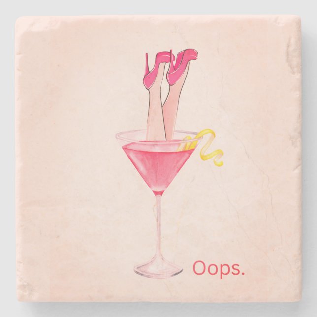 Cocktail Humour Illustration, Pink Bar Cart, Girly Stone Coaster (Front)