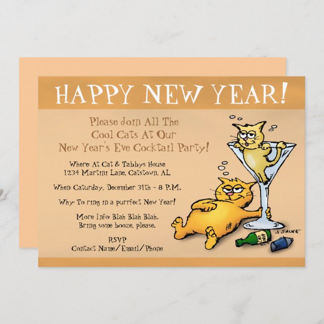 Cocktail Kittens Gold New Year Party Invitation (Front/Back)