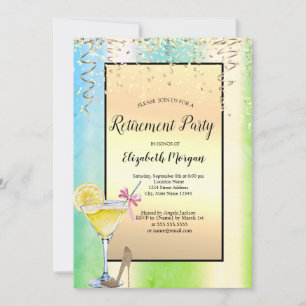 Cocktail Lemon Gold Confetti Green Retirement  Invitation