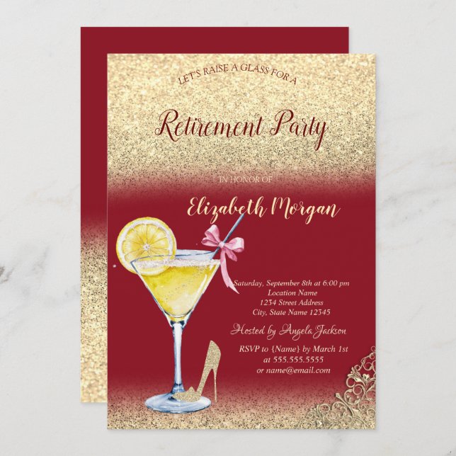 Cocktail Lemon Gold Glitter Red Retirement Invitation (Front/Back)