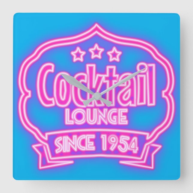 Cocktail lounge retro vintage neon look sign  square wall clock (Front)