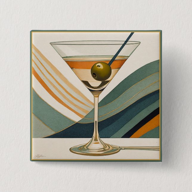Cocktail Martini Mid Century Design 2 Inch Square Button (Front)