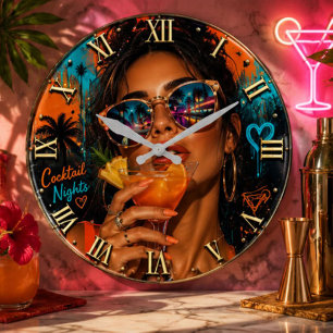 Cocktail Nights Fashion Miami Nightlife Pop Art Large Clock