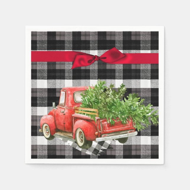 Cocktail Paper Napkin XMAS Truck Buffalo Plaid Bla (Front)