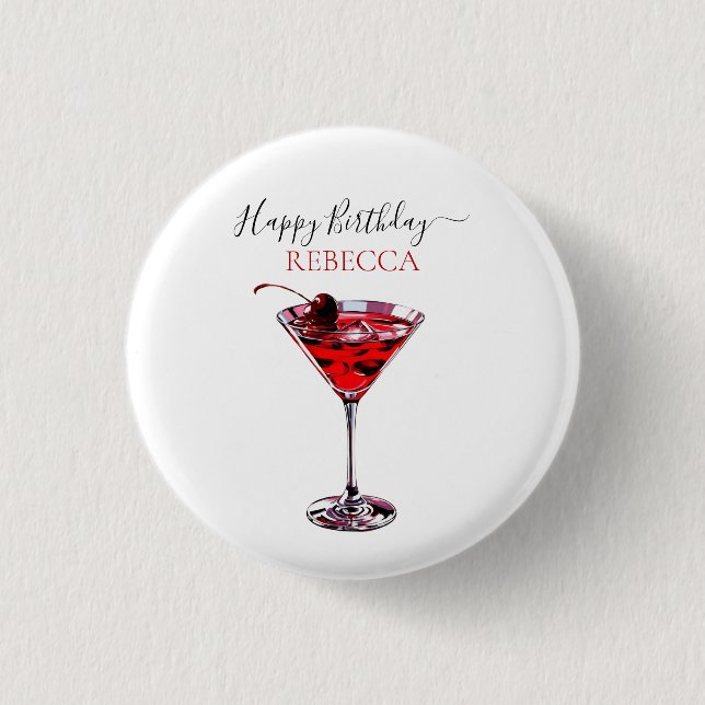 Cocktail Party Cherry Martini Happy Birthday 1 Inch Round Button (Front)