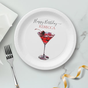 Cocktail Party Cherry Martini Happy Birthday Paper Plate