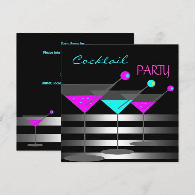 Cocktail Party Cocktails Drinks Martini Teal Pink Invitation (Front/Back)
