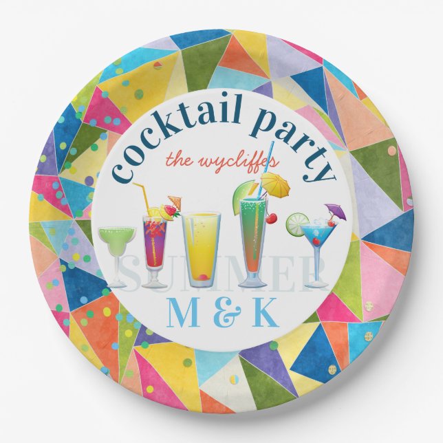 Cocktail Party Colorful Rainbow Summer Drinks Fun Paper Plate (Front)