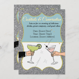 Cocktail party, sophisticated conversations, drink invitation