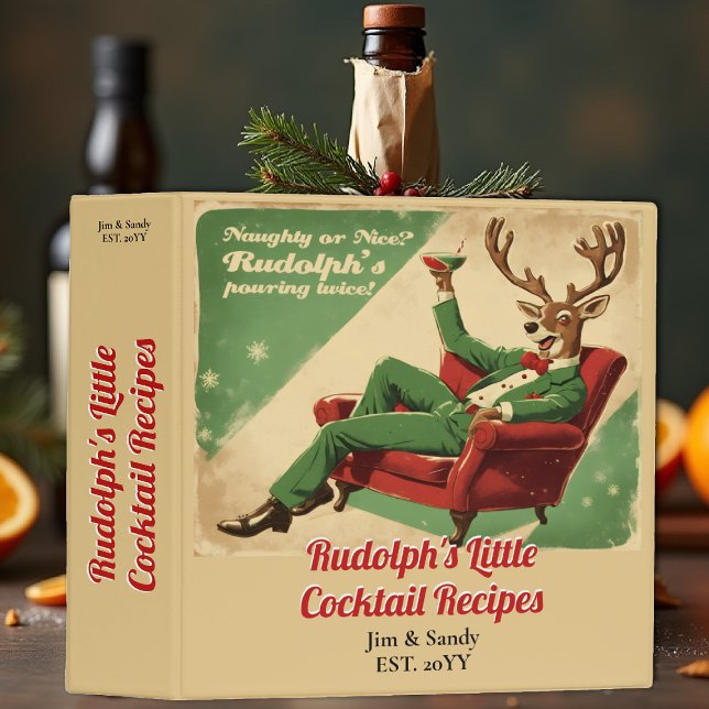 Cocktail Party Vintage Funny Christmas Recipes Binder (cocktail party personalized recipe binder funny rudolph naughty nice lounge red green vintage retro)