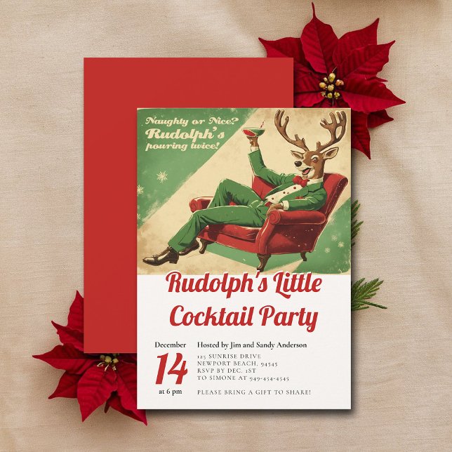 Cocktail Party Vintage Funny Retro Christmas Party Invitation (vintage christmas party cocktails invitation retro funny watercolor rudolph reindeer brunch)