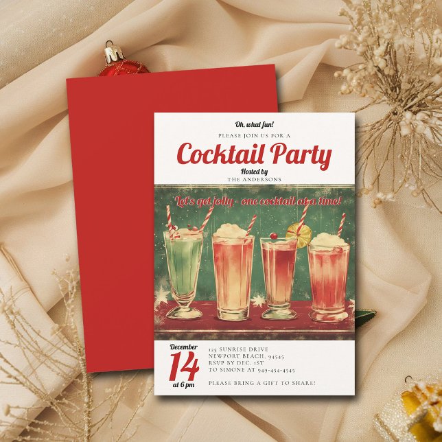 Cocktail Party Vintage Red Retro Christmas Party Invitation (vintage christmas party cocktails invitation retro fun funny watercolor brunch family office)